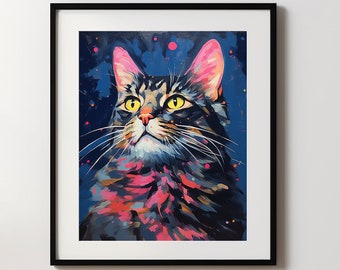 Tabby Cat Print, Colourful Cat Painting, Modern Wall Art
