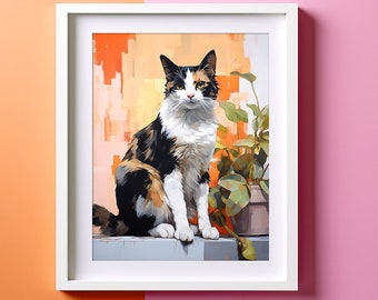 Calico Cat Print, Cat Sitting on a Wall, Abstract Wall Art