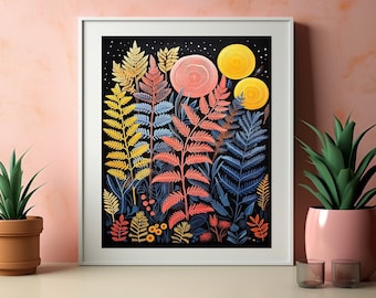 Colourful Ferns Print, Night in the Woodland, Dark Autumnal Abstract Wall Art