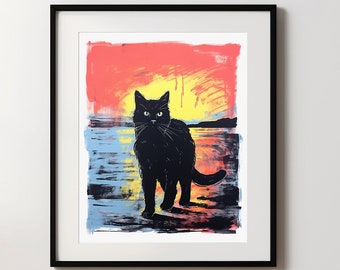 Black Cat Print, Walking Cat Wall Art