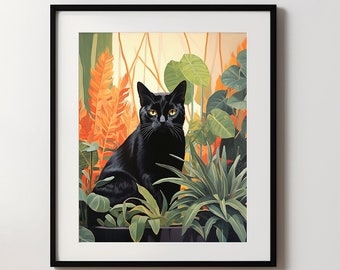 Black Cat Print, Cat and the Houseplants Wall Art