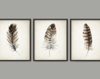 PRINTABLE Set of 3 Feather Images, Watercolor Feathers Painting Wall Art Set, Watercolour Rustic Decor Digital Print Poster INSTANT DOWNLOAD