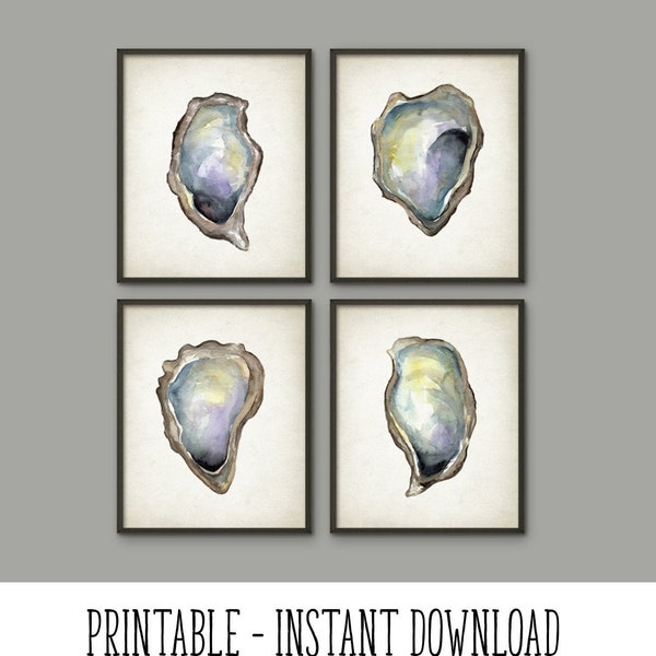 PRINTABLE Oyster Art Print Set Of 4, Watercolor Oyster Shell Painting, Beach House, Seashell, Seafood Kitchen, Bathroom Art INSTANT DOWNLOAD