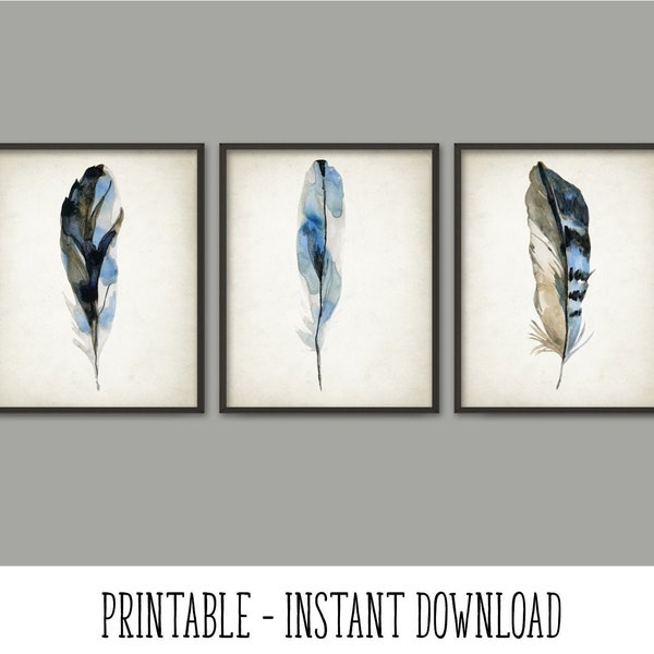 PRINTABLE Blue Feathers Print Set of 3, Watercolor Bird Feathers Painting Wall Art, Watercolour Decor Digital Print Poster INSTANT DOWNLOAD