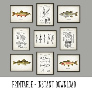 PRINTABLE Set of 9 Fishing Wall Gallery Images, Angler Gift Wall Art Set, Lure Fishing Patent Chart Digital Print Poster INSTANT DOWNLOAD