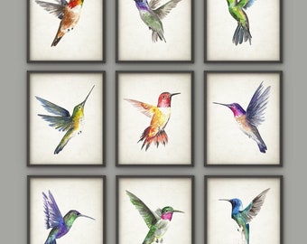 Hummingbird Art Print Set of 9, Hummingbird Watercolor Paintings, Hummingbirds Wall Art, Tropical Bird Home Decor