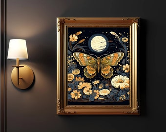 Mystical Butterfly Moon and Flowers Print, Celestial Floral Dark Wall Art