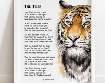 PRINTABLE Tiger Poem by William Blake, Printable Wall Art, Tyger Tyger Burning Bright, Nursery Decor, Jungle Animal Print INSTANT DOWNLOAD