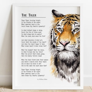 PRINTABLE Tiger Poem by William Blake, Printable Wall Art, Tyger Tyger Burning Bright, Nursery Decor, Jungle Animal Print INSTANT DOWNLOAD