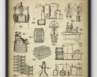 May include: A framed print featuring vintage illustrations of wine-making inventions. The print, with a beige background, includes detailed diagrams of various wine-making equipment, labeled with text such as "Wine Press" and "Bottle Stopper". The print is framed in a black frame.