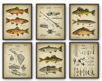Fishing Print Set of 6, Angling Wall Art, Watercolor Trout and Freshwater Fishing, Fishing Tackle, Fishing Rod Patent, Mancave Boys Room Art