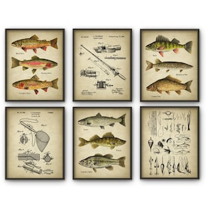Fishing Print Set of 6, Angling Wall Art, Watercolor Trout and Freshwater Fishing, Fishing Tackle, Fishing Rod Patent, Mancave Boys Room Art