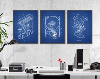 Computer Patent Prints Set of 3 #1 - Computer Room Home Decor - IT Student Gift Idea - Dorm Room Decor - Computer Science Art Print