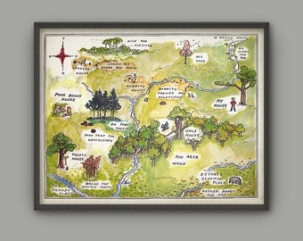 Hundred Acre Wood Print, Classic Winnie The Pooh Nursery Art, Childrens Bedroom Art, Playroom Decor, 100 Acre Wood Map, Boy And Girl Nursery
