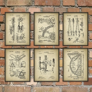 May include: Set of six vintage black and white prints of technical drawings for different tools. Each print features a detailed illustration of a tool, along with patent information, including the date and patent number. The prints are framed with a white border.