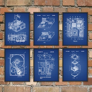 Computer Patent Wall Art Poster Set of 6 Computer Room Home Decor IT Student Gift Idea Hard Drive Motherboard CPU Geek Art Print image 1