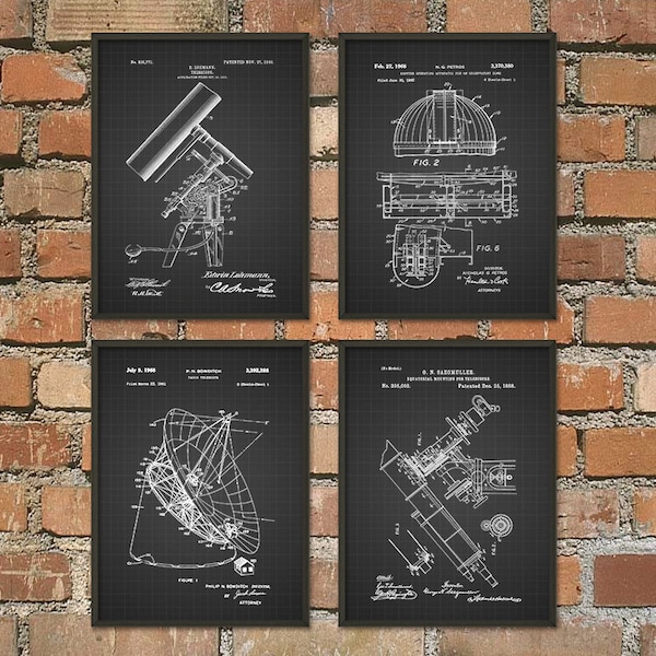 Astronomy Patent Prints Set of 4 - Astronomer Patent Wall Art - Telescope Space Observatory Dome Radio Telescope - Astronomer Gift Idea