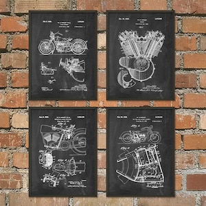 May include: Set of four black and white vintage motorcycle patent prints. Each print features a different motorcycle design, including a side view of a motorcycle, a close-up of a motorcycle engine, and a detailed diagram of a motorcycle's inner workings. The prints are framed in black frames and have a white background.
