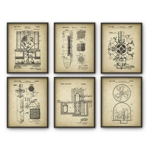 May include: Set of six vintage black and white patent drawings for various inventions. Each drawing is framed in a brown frame and features a different invention, including a device for separating materials, a system for controlling a fluid, and a method for producing a product.