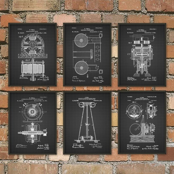 Tesla Patent Prints - Nikola Tesla Engineering Invention Patent - Tesla Motors - Tesla Coil Generator - Electric Circuit Poster Set Of 6