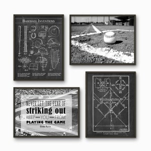 Baseball Patent Wall Art Poster Set of 4 #2, Baseball Print Set, Boys Room Decor, Baseball Theme Room, Babe Ruth Quote, Baseball Field Print