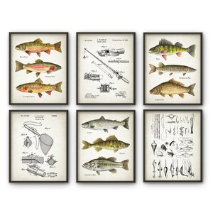 May include: Set of six vintage-style illustrations of fish and fishing equipment. The illustrations are in black and white and feature a variety of fish, including trout, bass, and walleye. The illustrations also include a fishing rod, a net, and a variety of fishing lures.