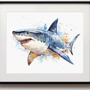 Great White Shark Print, Watercolor Shark Painting, Ocean Beach House Decor, Bathroom Wall Art, Shark Poster