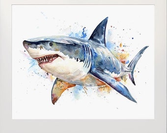 Great White Shark Print, Watercolor Shark Painting, Ocean Beach House Decor, Bathroom Wall Art, Shark Poster