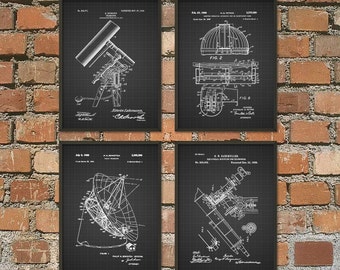 Astronomy Patent Prints Set of 4 - Astronomer Patent Wall Art - Telescope Space Observatory Dome Radio Telescope - Astronomer Gift Idea