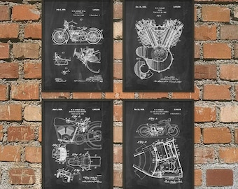 Vintage Motorcycle Design Print Set Of 4, Transport Wall Art, Bedroom Art Posters, Classic Motorcycle Patent, Motorcyclist Gift Idea