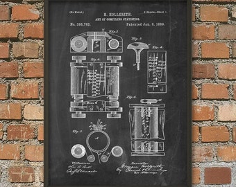 May include: Black and white patent drawing of a mechanical device, labeled "Art of Compiling Statistics" and "No. 395,782". The drawing shows a machine with gears, wheels, and levers, with the text "Patented Jan. 8, 1889" at the top.