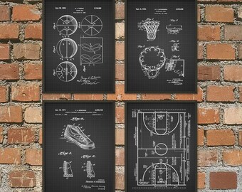 Basketball Patent Print Set Of 4 - Basketball Court - Vintage Basketball Art - Basketball Hoop - Basketball Shoe - Basketball Gift Idea