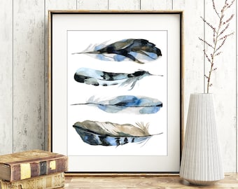 Blue Jay Feathers Art Print, Watercolor Feather Painting, Blue Room Decor, American Blue Jay Bird