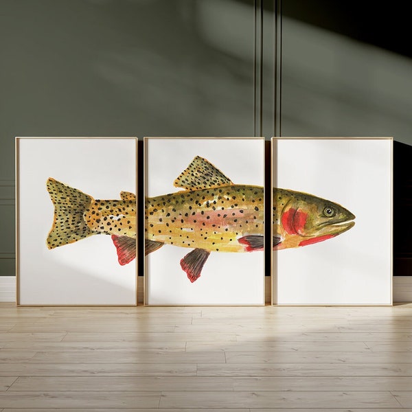 PRINTABLE Cutthroat Trout Watercolor Print Set Of 3, American Game Fish Painting, Angler Gift Poster, Fishing Wall Art INSTANT DOWNLOAD