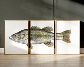 PRINTABLE Largemouth Bass Watercolor Print Set Of 3, Fish Painting, Angler Gift Poster Fishing Wall Art INSTANT DOWNLOAD