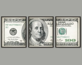 100 dollar bill art poster set of 3 dollar triptych print etsy