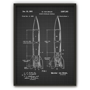 May include: Black and white line drawing of a rocket-propelled missile patent. The patent is titled "Rocket-Propelled Missile" and was filed on December 3, 1959, by Wernher von Braun. The patent number is 2,967,393.