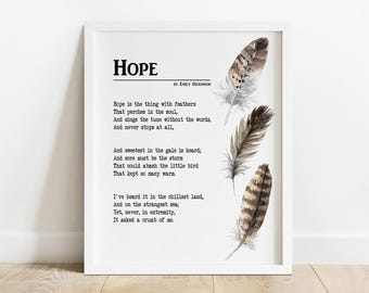 Hope Poem by Emily Dickinson Print, Inspirational Wall Art, Hope Is The Thing With Feathers Poetry Poster #2
