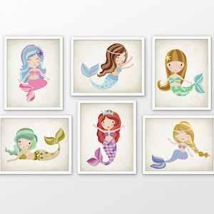 Mermaid Girls Nursery Print Set Of 6 - Mermaid Art - Baby Shower Gift - Kids Bathroom Decor - Mermaid Wall Art - Mermaid Picture