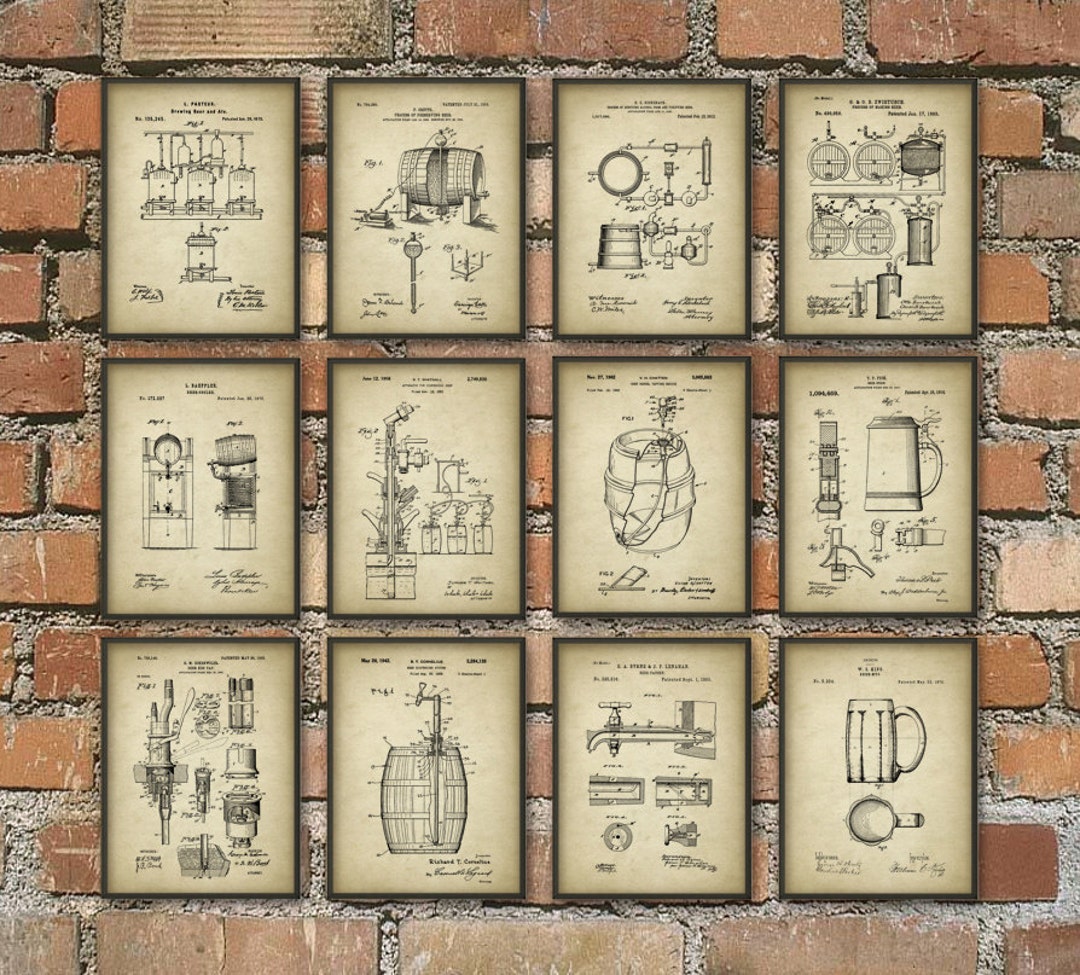 Beer Brewing Patent Prints Set of 12, Home Bar Wall Art, Brewery Poster ...
