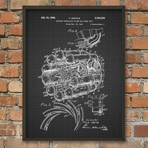 May include: Black and white technical drawing of an aircraft propulsion system and power unit, patent number 2,404,334, filed February 19, 1941, by Frank Whittle. The drawing shows a detailed diagram of the engine with various components labeled.