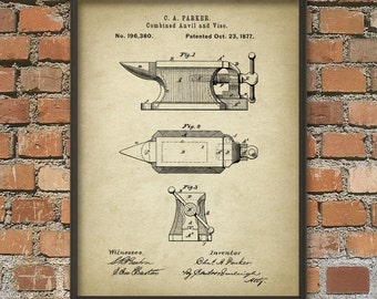 Blacksmith Anvil Patent Print, Antique Blacksmithing Illustration, Iron and Steel Metalworker Equipment, Metallurgy Anvil And Vise Blueprint