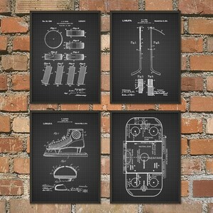 May include: Set of four black and white vintage hockey patent prints. The prints feature a hockey stick, a hockey skate, a puck, and a hockey rink.