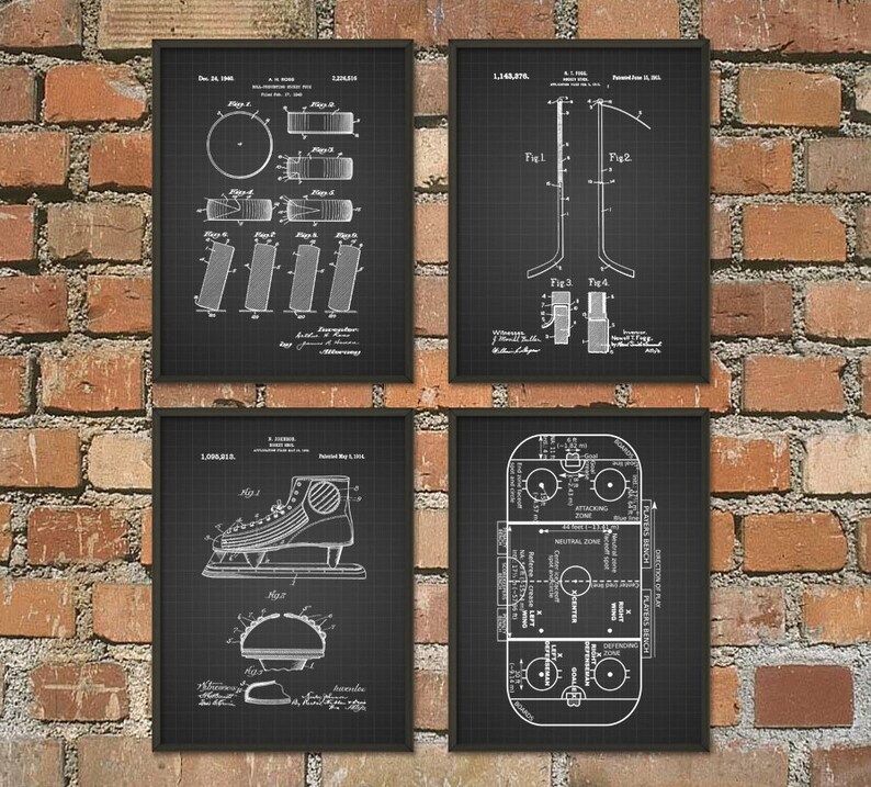 May include: Set of four black and white vintage hockey patent prints. The prints feature a hockey stick, a hockey skate, a puck, and a hockey rink.
