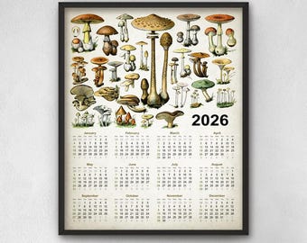 Mushroom Calendar 2026, Wild Mushroom Wall Calendar, Fungi Rustic Kitchen Cooking Decor, Vintage Botanical Illustration