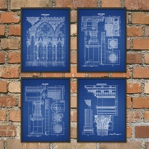 May include: Set of four blueprint style prints featuring architectural details. The prints are on a blue background with white lines and text. The prints are titled "Gothic Arcade", "Ionic Order", "Doric Order", and "Corinthian Details".