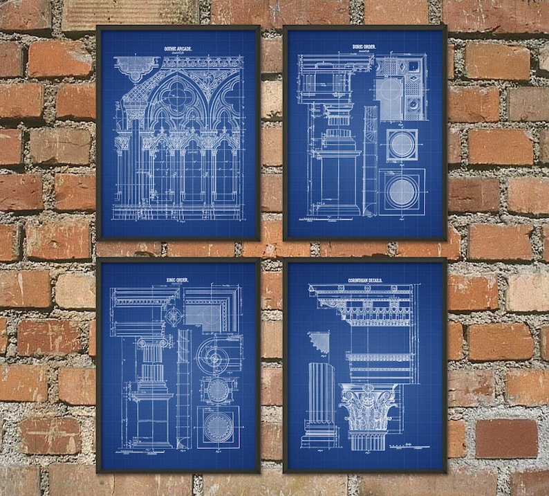 May include: Set of four blueprint style prints featuring architectural details. The prints are on a blue background with white lines and text. The prints are titled "Gothic Arcade", "Ionic Order", "Doric Order", and "Corinthian Details".