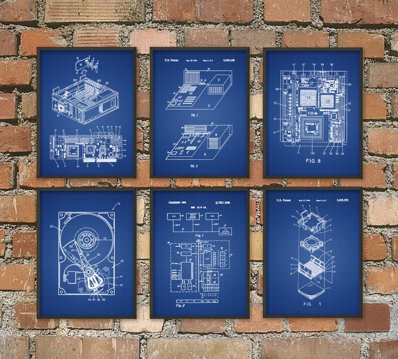 Computer Patent Wall Art Poster Set of 6 Computer Room Home Decor IT Student Gift Idea Hard Drive Motherboard CPU Geek Art Print image 1