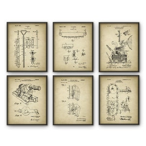 May include: Set of six vintage patent prints featuring black and white illustrations of various tools and machinery. The prints are on a beige background with black text and borders. The text includes patent numbers, dates, and inventors' names.