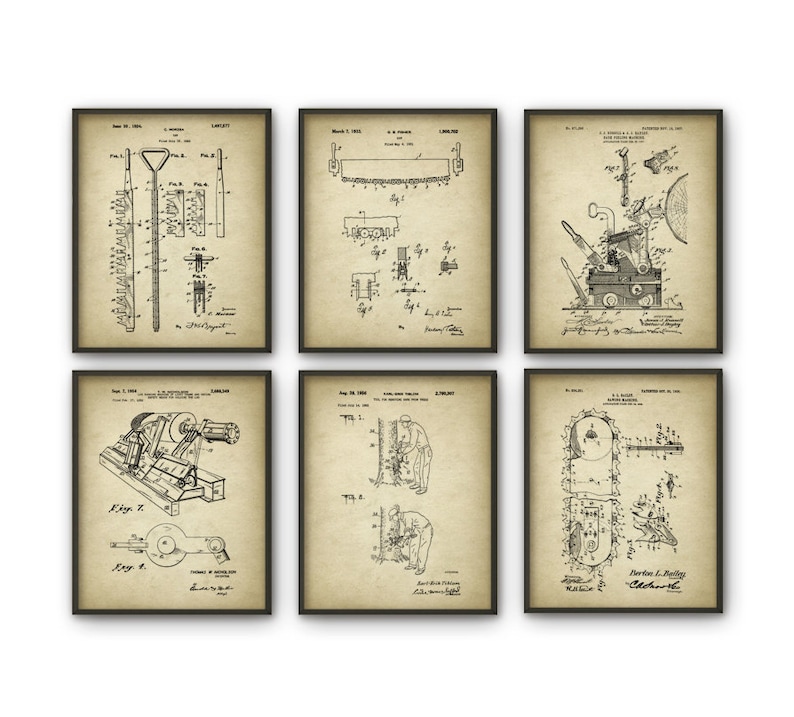 May include: Set of six vintage patent prints featuring black and white illustrations of various tools and machinery. The prints are on a beige background with black text and borders. The text includes patent numbers, dates, and inventors' names.